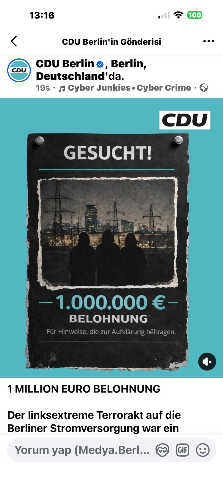 Berlin’de elektrik altyapısına saldırı: 1 milyon Euro ödül ilan edildi