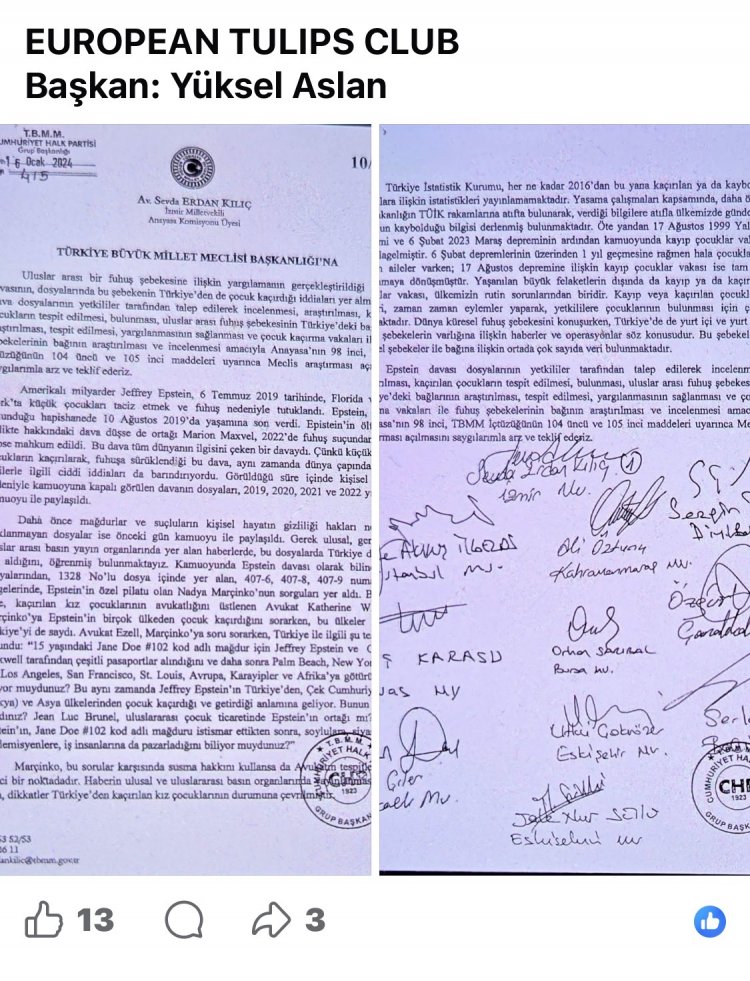 European Tulips Club’tan TBMM’ye Epstein dosyaları çağrısı