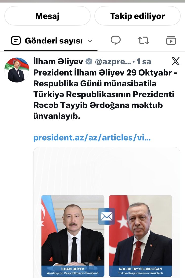 İlham Aliyev’den Türkiye’ye Cumhuriyet Bayramı mesajı